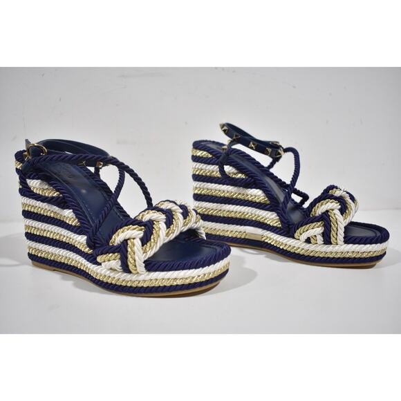 Valentino Rockstud Torchon Blue Stripe Cord Rope Wedge Ankle Strap Sandal 39 - Picture 4 of 12